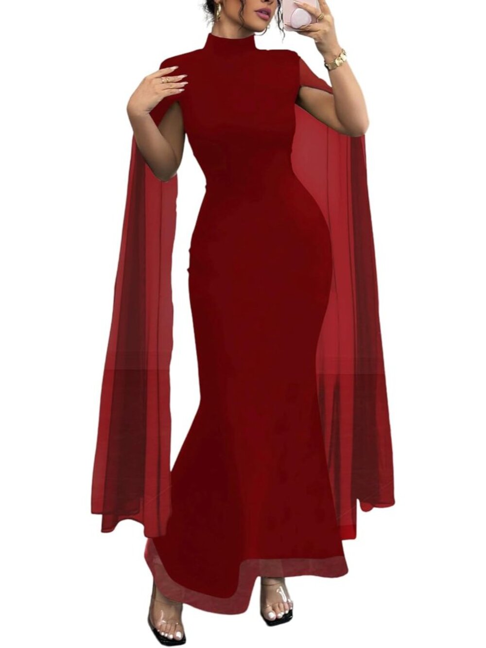 Women's Red Elegant Mock Neck Pull On Bodycon Formal Maxi Dress With Cape - Picture 4 of 6